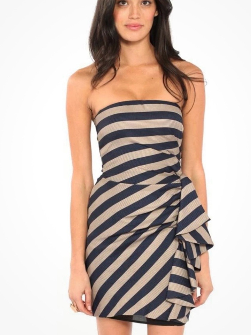 BCBGMAXAZRIA Reya Strapless Striped Ruffle Dress Navy Tan Size 10 Cocktail Sexy